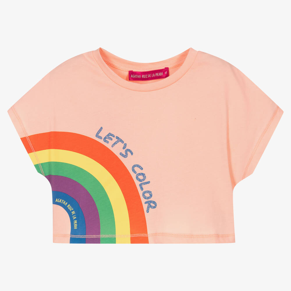 Agatha Ruiz de la Prada-Girls Pink Cropped Cotton Rainbow T-Shirt | Childrensalon Outlet