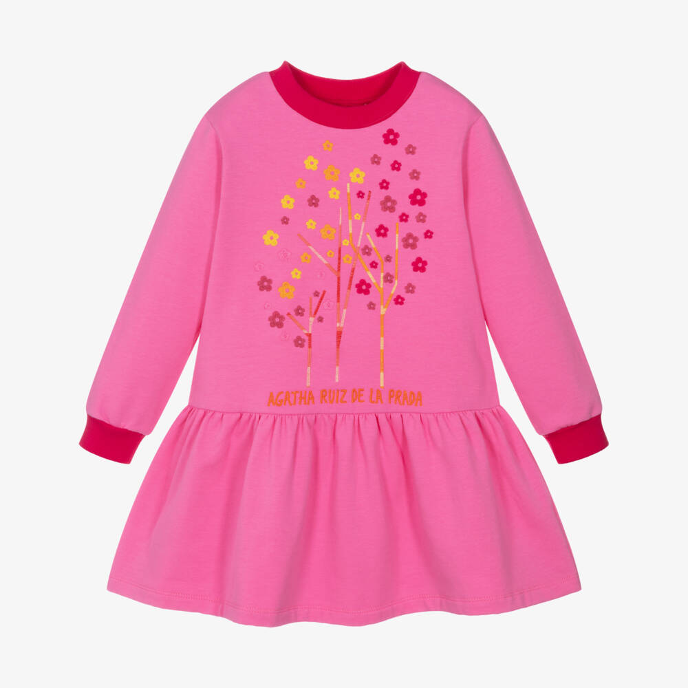 Agatha Ruiz de la Prada-Girls Pink Embroidered Floral Cotton Jersey Dress | Childrensalon Outlet