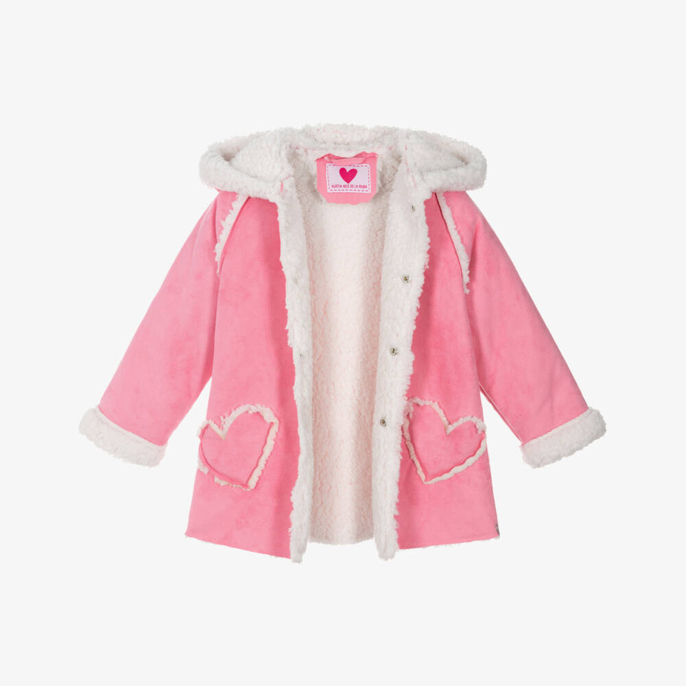 Agatha Ruiz de la Prada-Girls Pink Faux Sheepskin Hooded Coat | Childrensalon Outlet