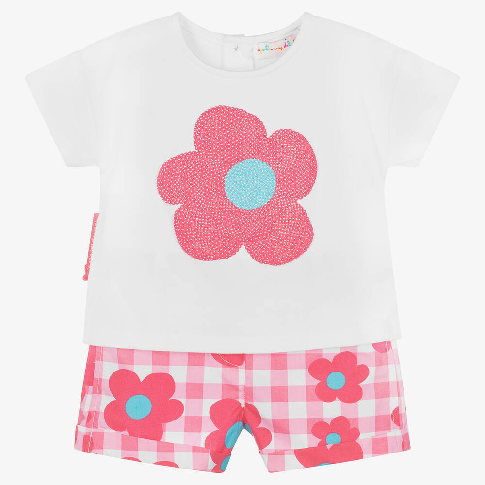 Agatha Ruiz de la Prada-طقم شورت قطن لون أبيض وزهري بطبعة ورود للبنات | Childrensalon Outlet