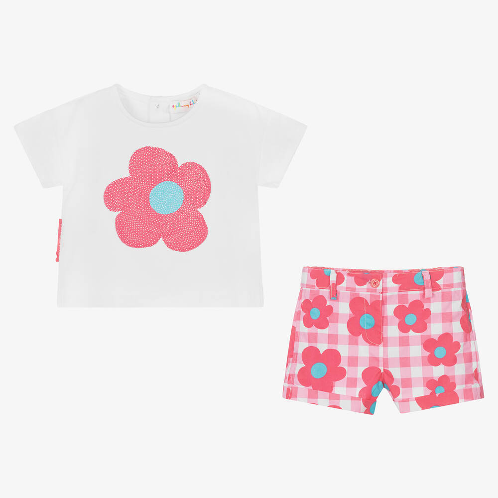 Agatha Ruiz de la Prada-طقم شورت قطن لون أبيض وزهري بطبعة ورود للبنات | Childrensalon Outlet