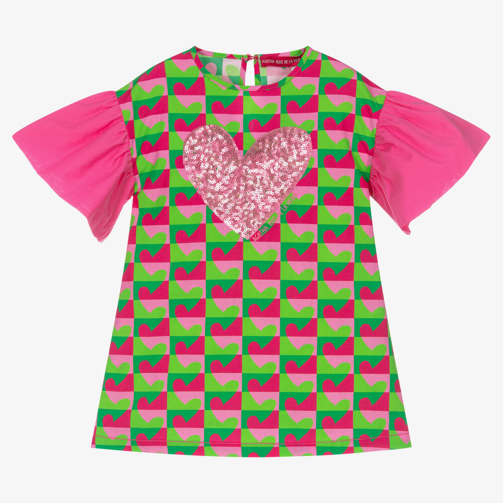 Agatha Ruiz de la Prada - Girls Pink & Green Cotton Heart Dress | Childrensalon