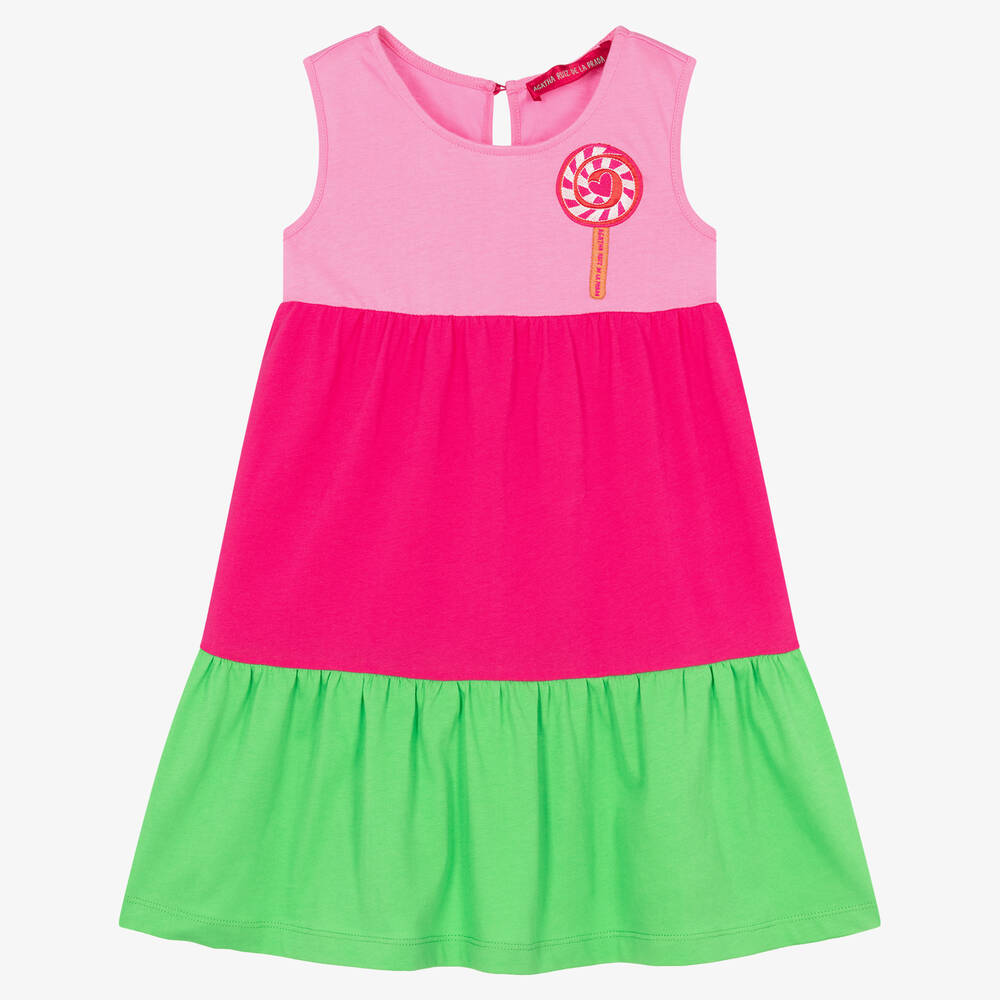Agatha Ruiz de la Prada - Girls Pink & Green Tiered Cotton Dress | Childrensalon