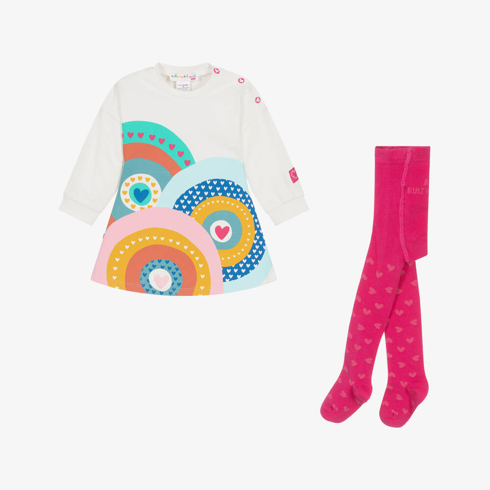 Agatha Ruiz de la Prada-طقم فستان بطبعة قلوب لون زهري وأبيض | Childrensalon Outlet