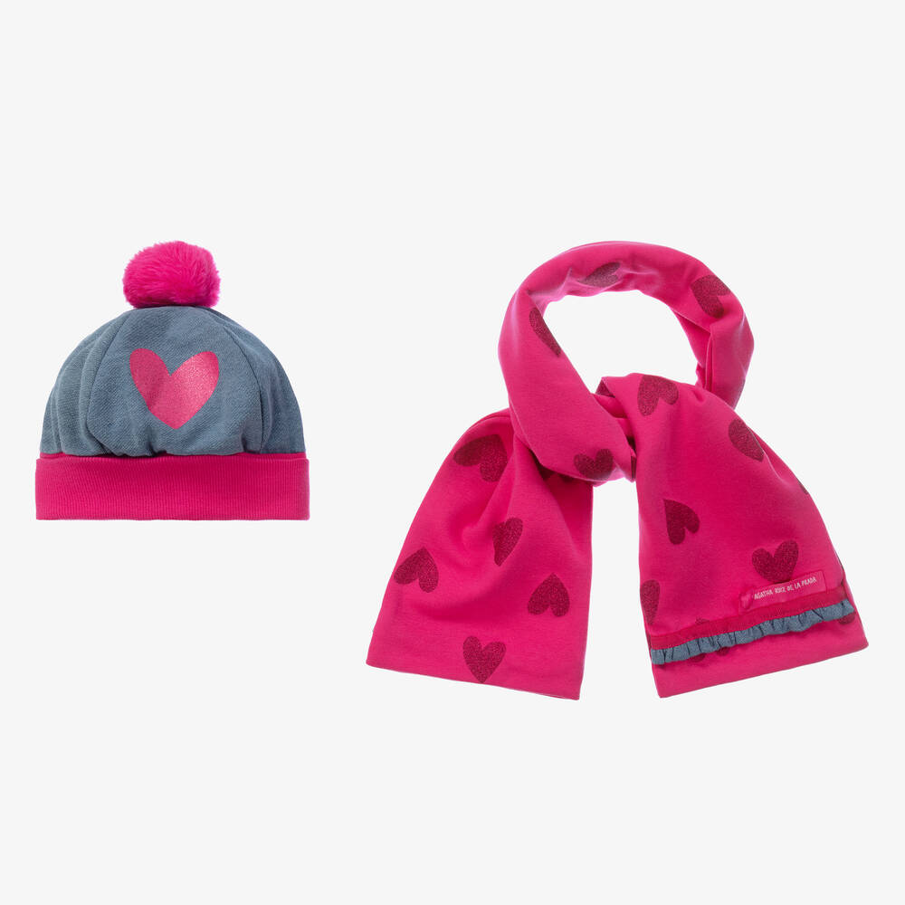 Agatha Ruiz de la Prada - Girls Pink Heart Hat & Scarf Set | Childrensalon