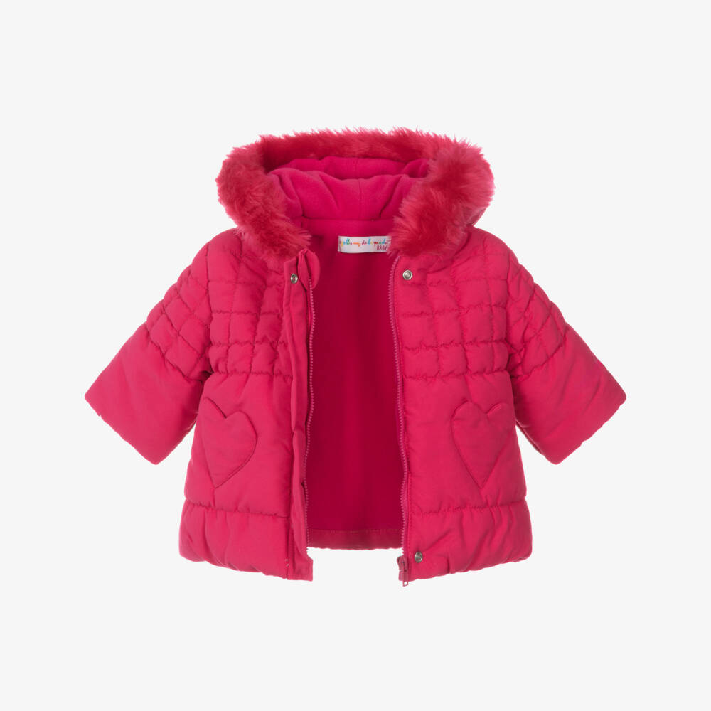 Agatha Ruiz de la Prada-Girls Pink Hooded Puffer Coat with Heart-Shaped Pockets | Childrensalon Outlet
