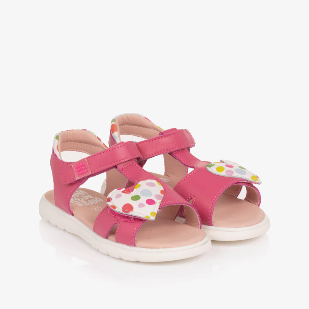Agatha Ruiz de la Prada-Girls Pink Leather Velcro Sandals with Heart Appliqué | Childrensalon Outlet