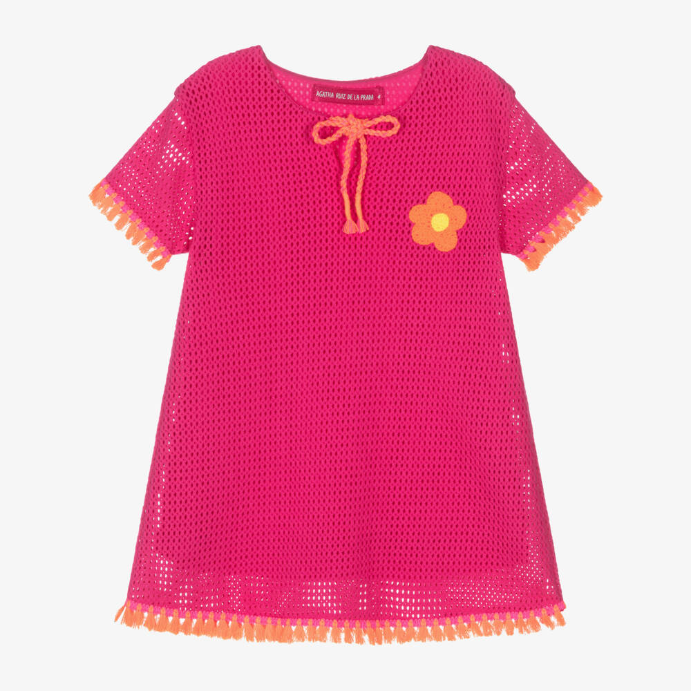 Agatha Ruiz de la Prada-Girls Pink Mesh Knit Cotton Beach Dress | Childrensalon Outlet