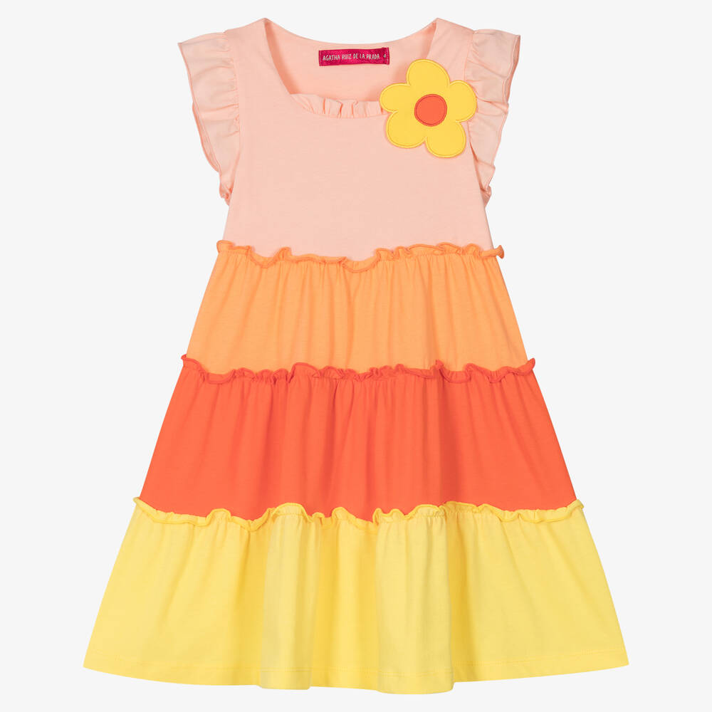 Agatha Ruiz de la Prada - Розово-оранжевое многоярусное платье из хлопка | Childrensalon