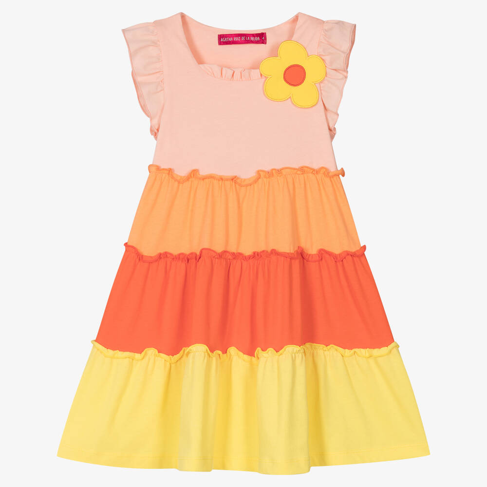 Agatha Ruiz de la Prada - Robe coton rose et orange à volants | Childrensalon