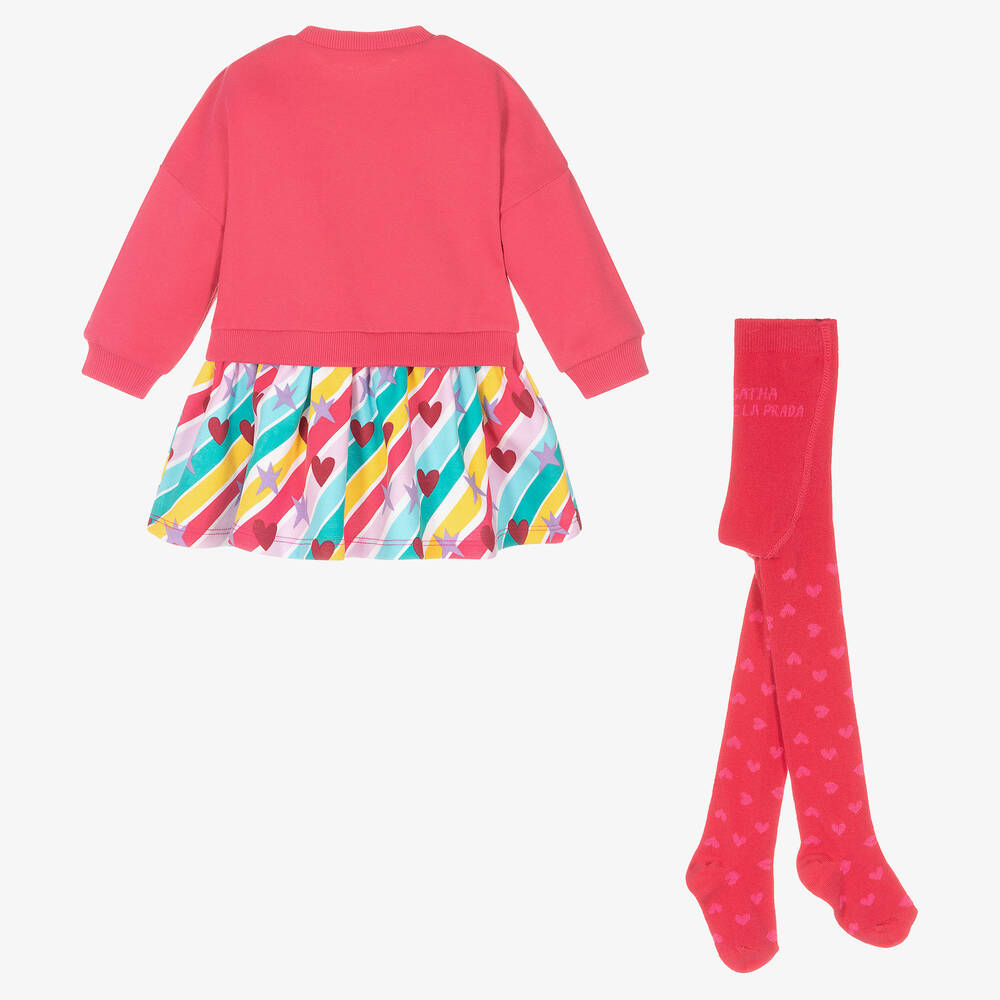 Agatha Ruiz de la Prada-طقم فستان بطبعة قلوب قطن جيرسي لون زهري | Childrensalon Outlet