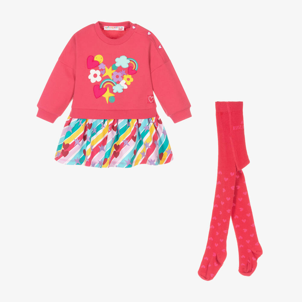 Agatha Ruiz de la Prada-طقم فستان بطبعة قلوب قطن جيرسي لون زهري | Childrensalon Outlet