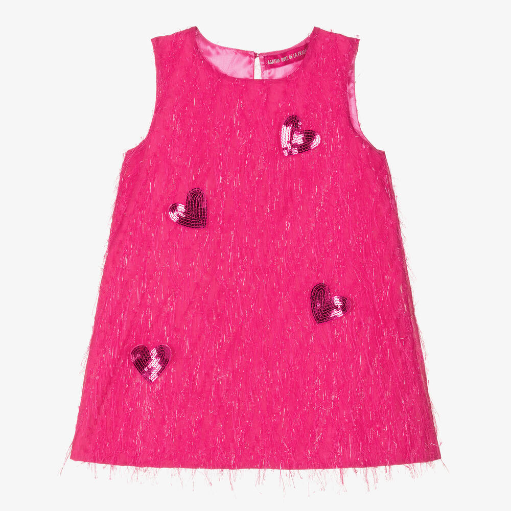 Agatha Ruiz de la Prada-فستان بطبعة قلوب لون زهري مزين بترتر | Childrensalon Outlet