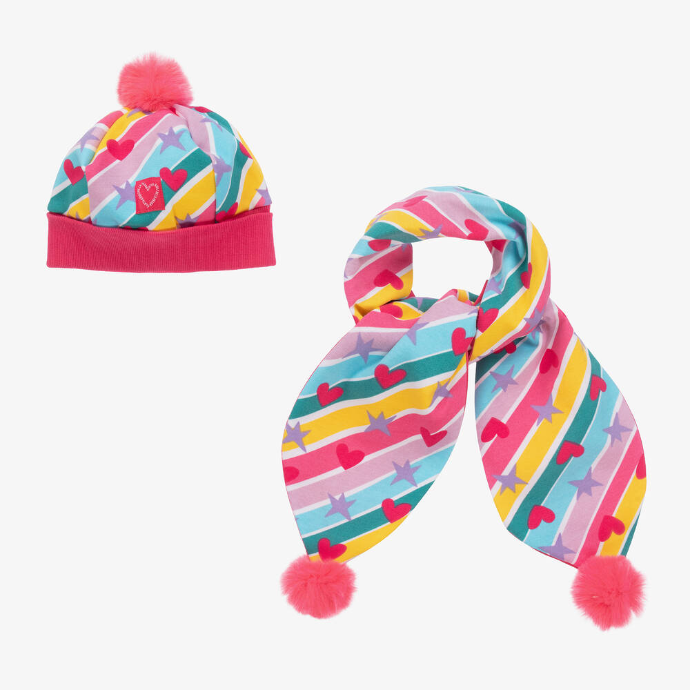 Agatha Ruiz de la Prada - Розовая шапка и шарф в полоску с сердечками | Childrensalon