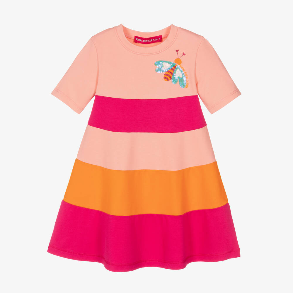 Agatha Ruiz de la Prada - Girls Pink Viscose Bee & Logo Dress | Childrensalon