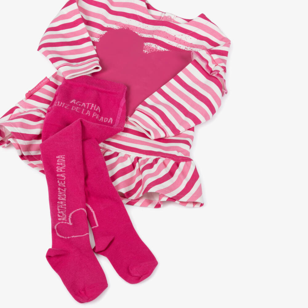 Agatha Ruiz de la Prada-Girls Pink & White Cotton Striped Dress Set | Childrensalon Outlet