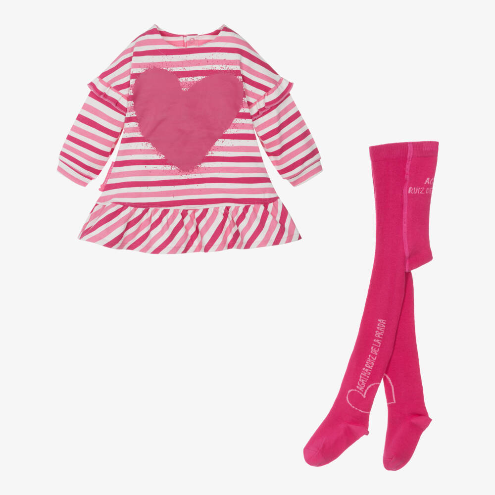 Agatha Ruiz de la Prada-Girls Pink & White Cotton Striped Dress Set | Childrensalon Outlet