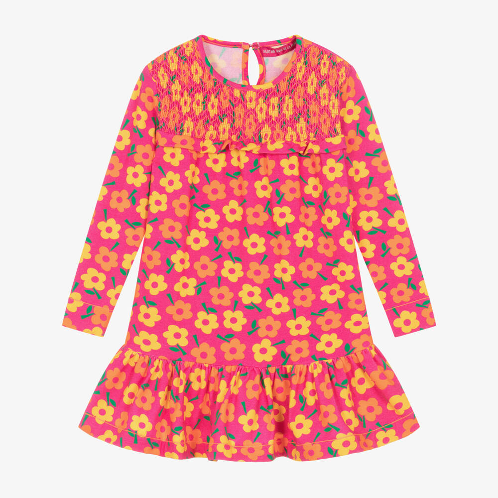 Agatha Ruiz de la Prada-فستان بطبعة ورود قطن جيرسي لون أصفر وزهري | Childrensalon Outlet