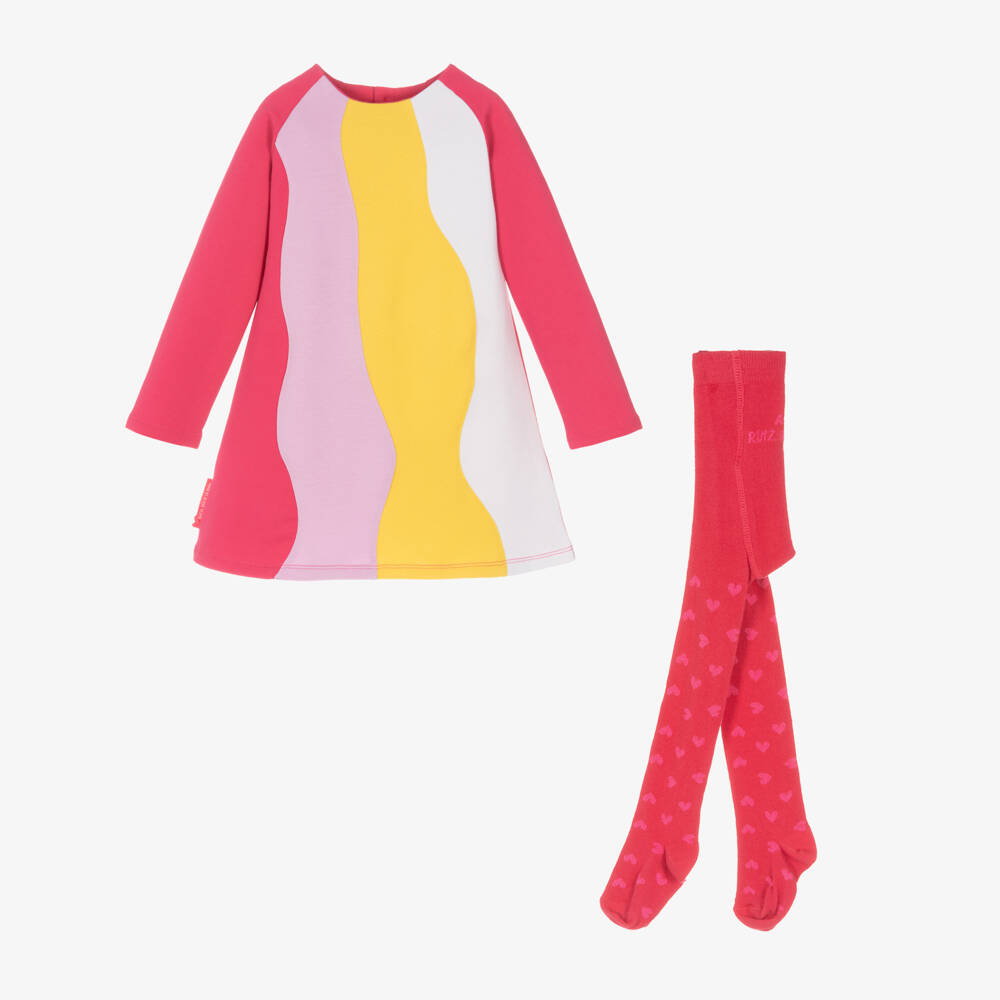 Agatha Ruiz de la Prada-طقم فستان مزيج قطن مقلّم لون أصفر وزهري | Childrensalon Outlet