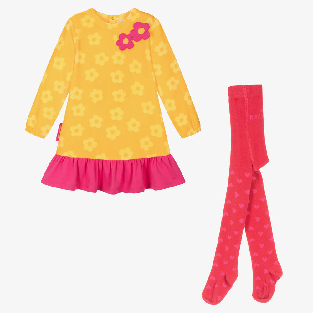 Agatha Ruiz de la Prada - Ensemble robe velours rose et jaune | Childrensalon