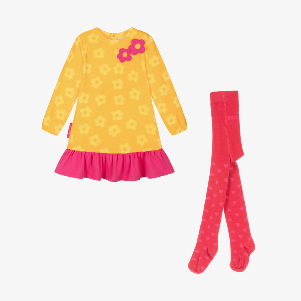 Agatha Ruiz de la Prada-طقم فستان قطن قطيفة لون زهري وأصفر | Childrensalon Outlet