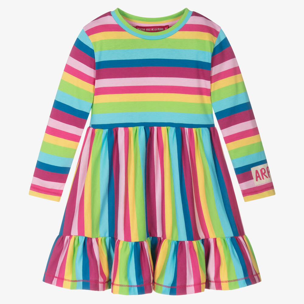 Agatha Ruiz de la Prada - Baumwollkleid mit Regenbogenstreifen für Mädchen  | Childrensalon