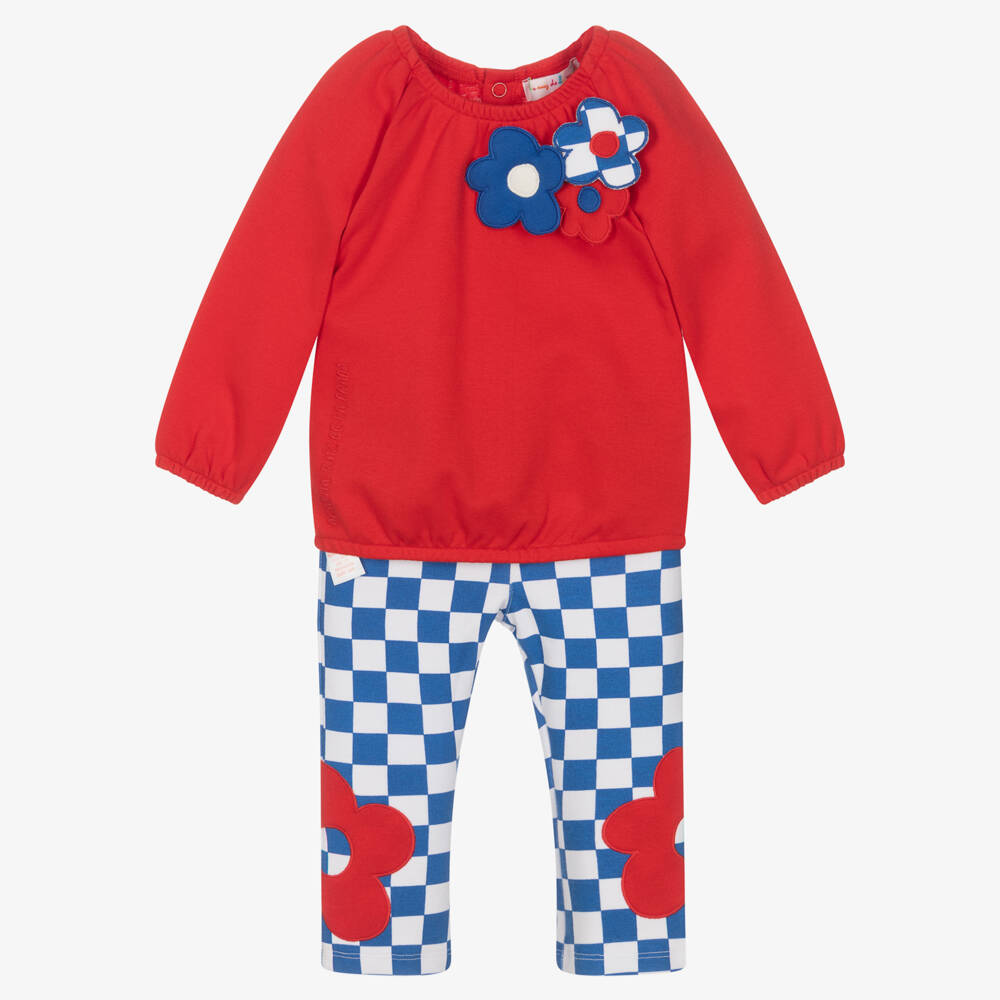 Agatha Ruiz de la Prada-طقم ليقنز كاروهات قطن جيرسي لون أحمر وأزرق للبنات | Childrensalon Outlet
