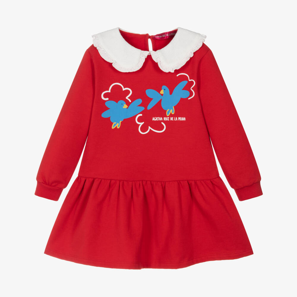 Agatha Ruiz de la Prada-فستان جيرسي أحمر للبنات بطبعة طيور | Childrensalon Outlet