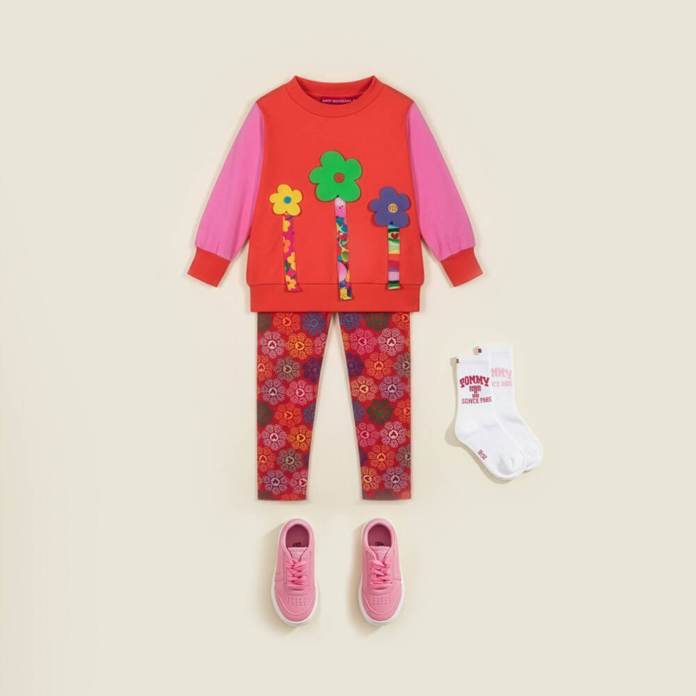 Agatha Ruiz de la Prada-Girls Red Cotton Logo Heart & Flower Leggings | Childrensalon Outlet