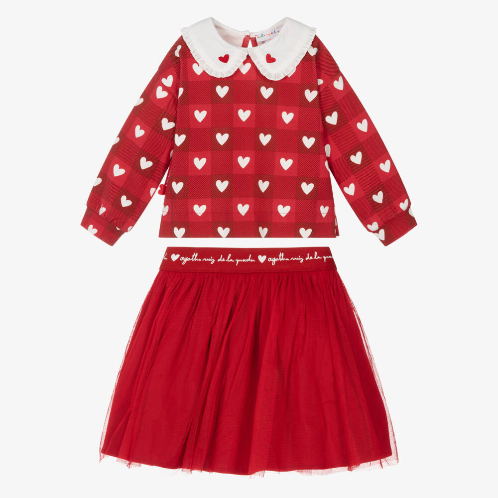 Agatha Ruiz de la Prada-طقم تنورة حمراء للبنات مزين بقلوب | Childrensalon Outlet