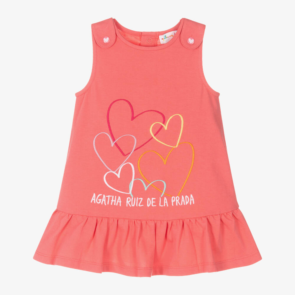 Agatha Ruiz de la Prada-فستان بناتي من القطن الوردي بنقشة القلوب | Childrensalon Outlet