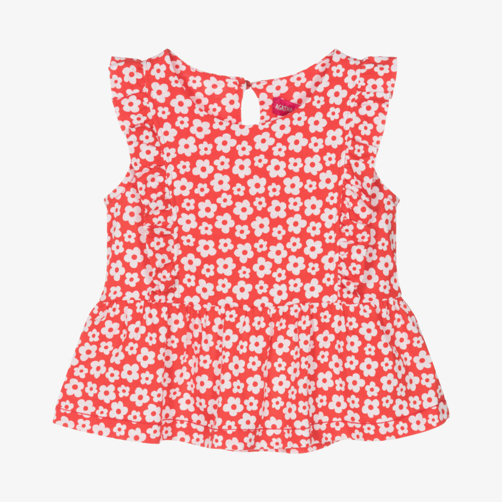 Agatha Ruiz de la Prada-تي شيرت قطنية زهرية للبنات بلون القرمزي | Childrensalon Outlet