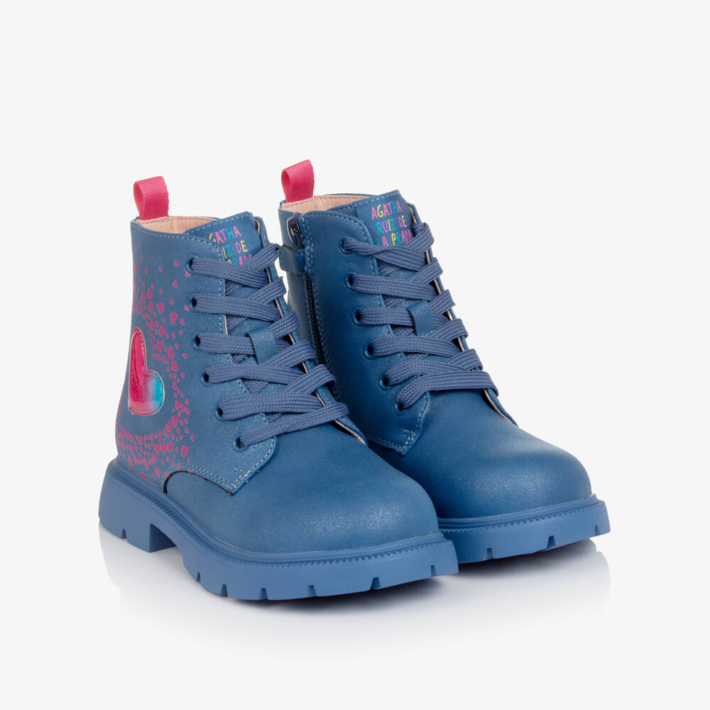 Agatha Ruiz de la Prada-Girls Shimmery Blue Faux Leather Boots with Hearts | Childrensalon Outlet
