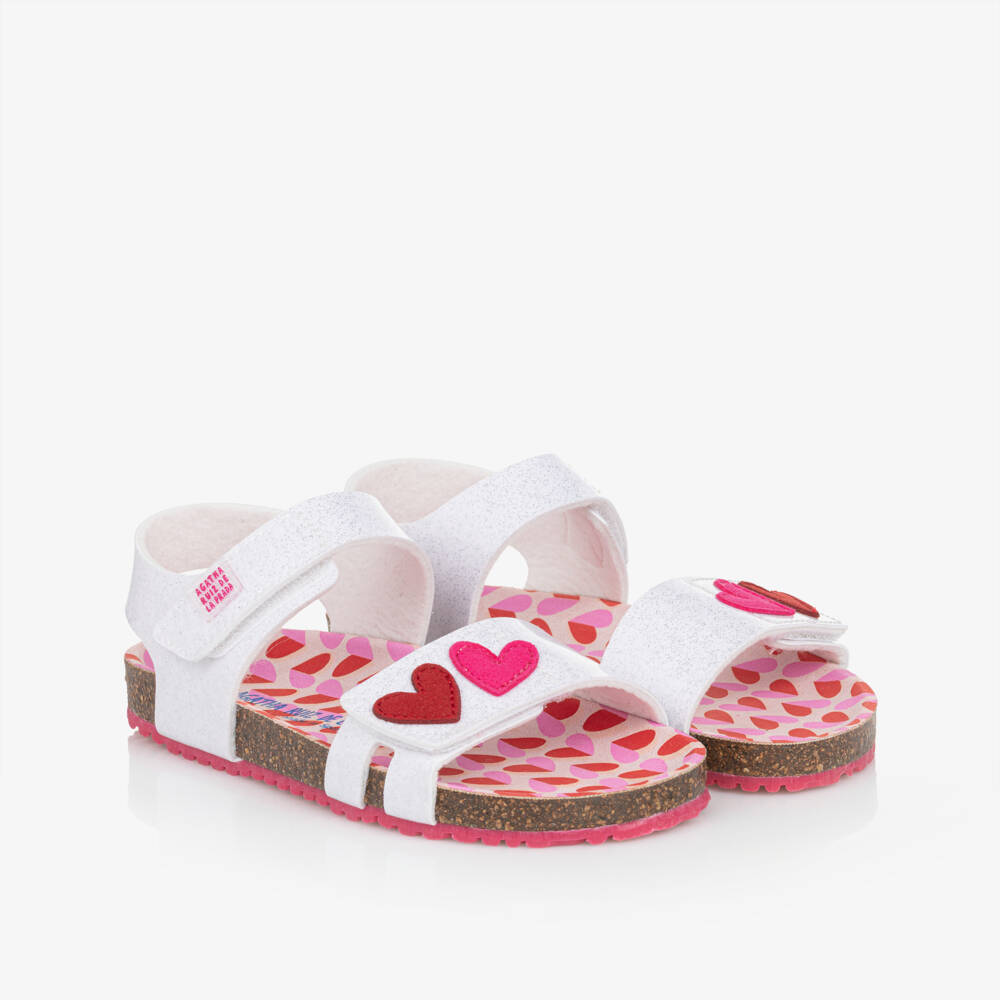 Agatha Ruiz de la Prada-صنادل بيضاء للبنات بتصميم براق وقلوب | Childrensalon Outlet