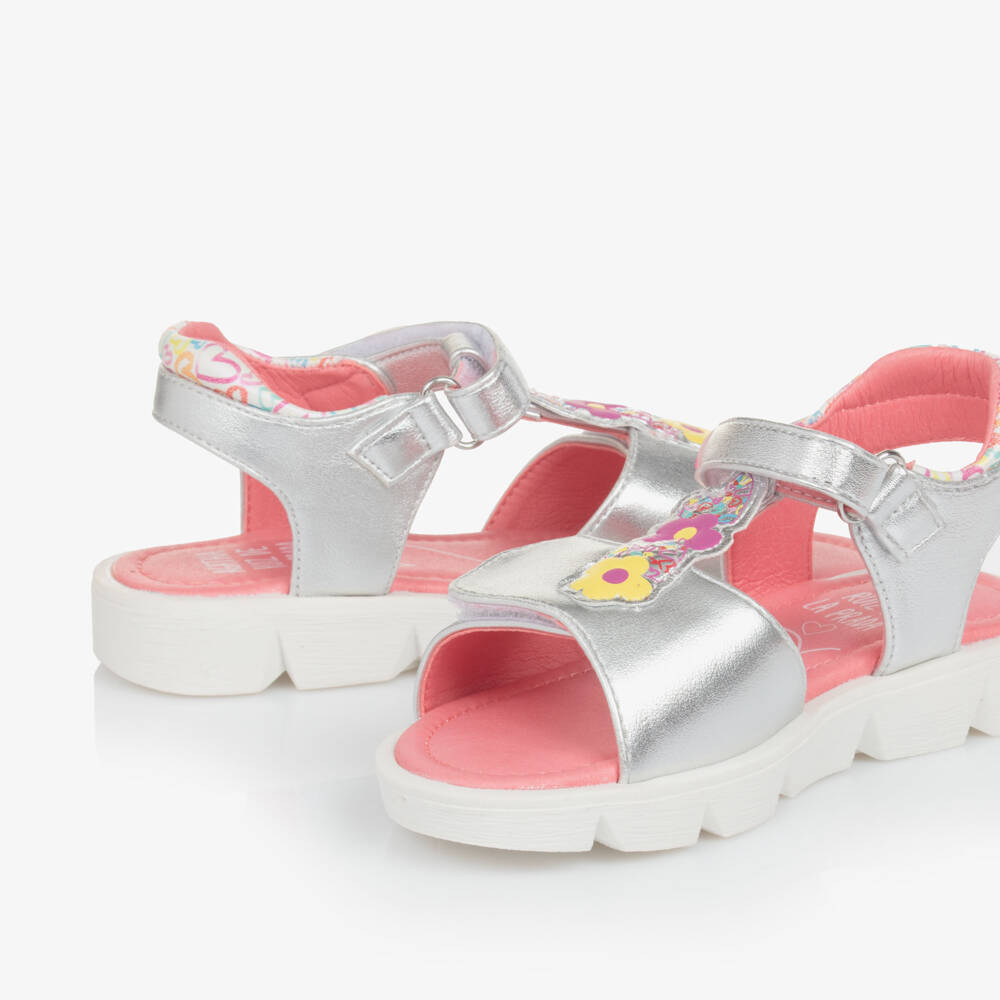 Agatha Ruiz de la Prada-صنادل فضية متألقة للبنات مزينة بالزهور | Childrensalon Outlet