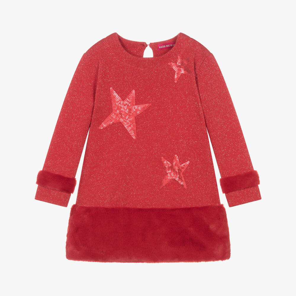 Agatha Ruiz de la Prada-فستان قطن مزين بترتر لون أحمر لامع | Childrensalon Outlet