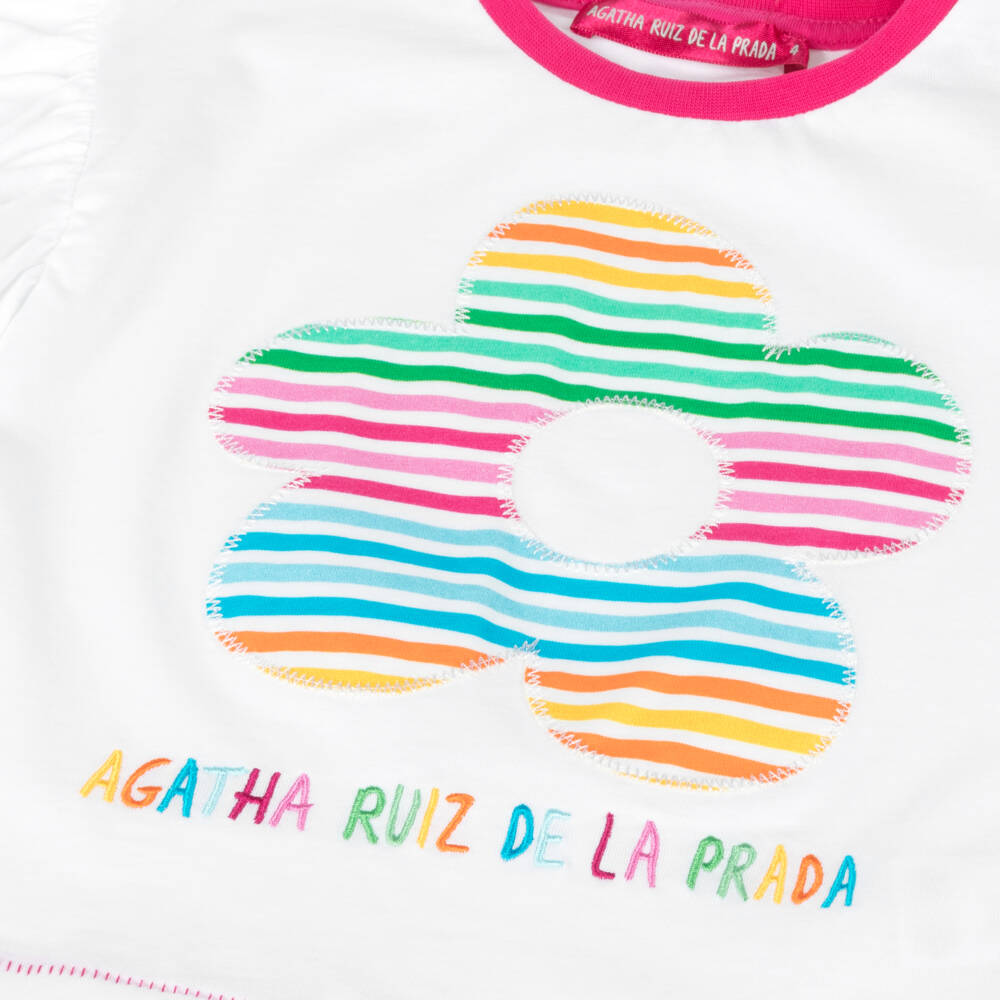 Agatha Ruiz de la Prada-تيشيرت أبيض مزين بالزهور الزاهية للبنات | Childrensalon Outlet