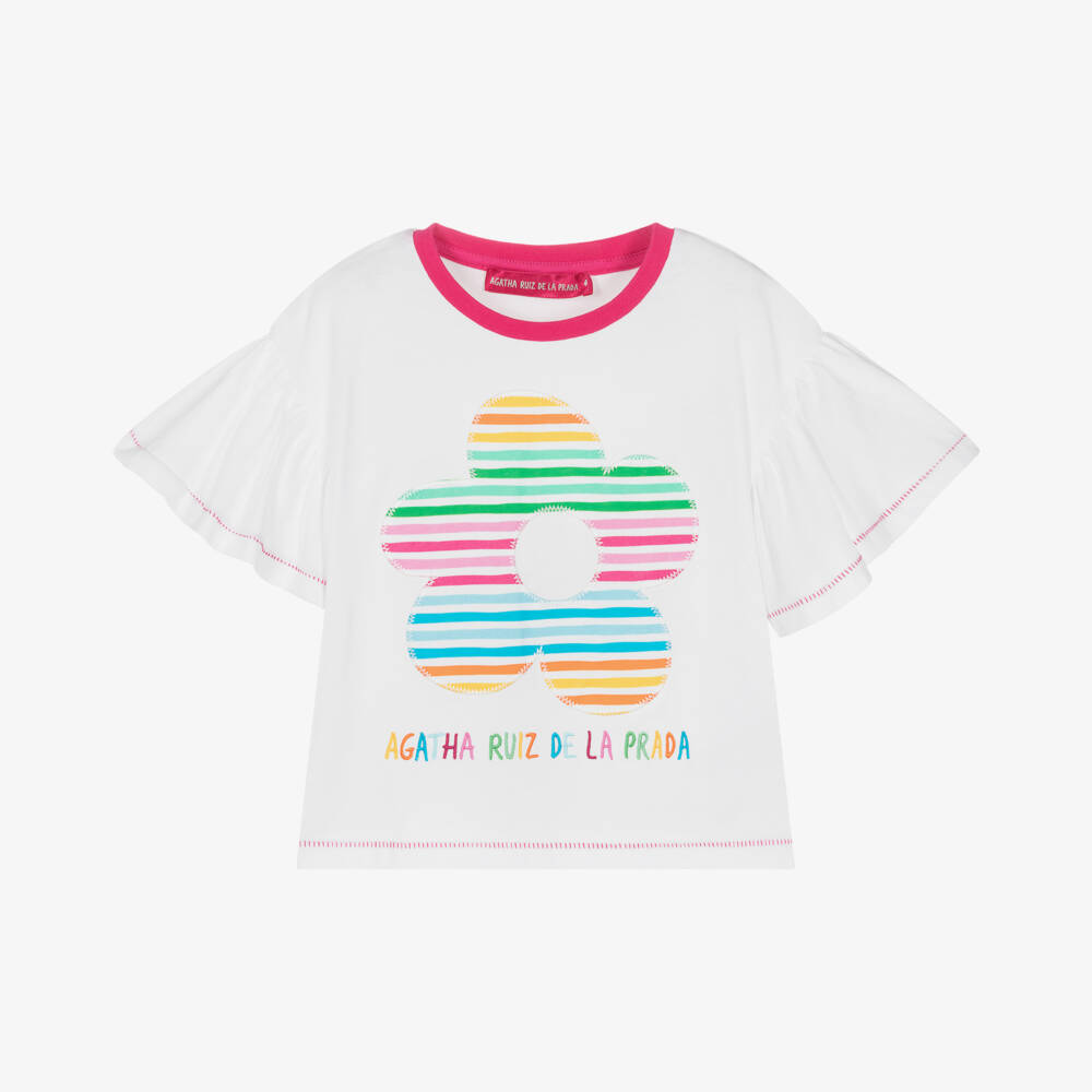 Agatha Ruiz de la Prada-تيشيرت أبيض مزين بالزهور الزاهية للبنات | Childrensalon Outlet