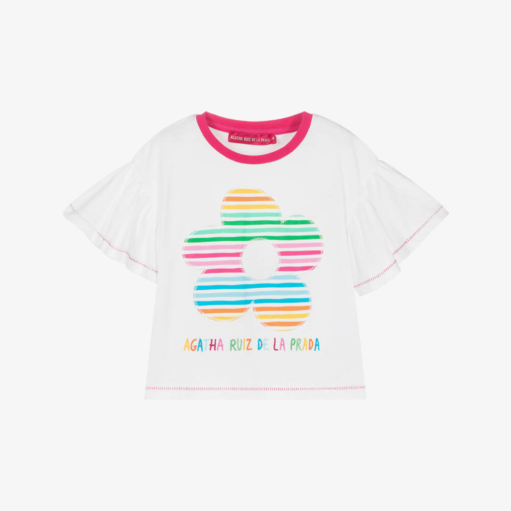 Agatha Ruiz de la Prada-تيشيرت أبيض مزين بالزهور الزاهية للبنات | Childrensalon Outlet