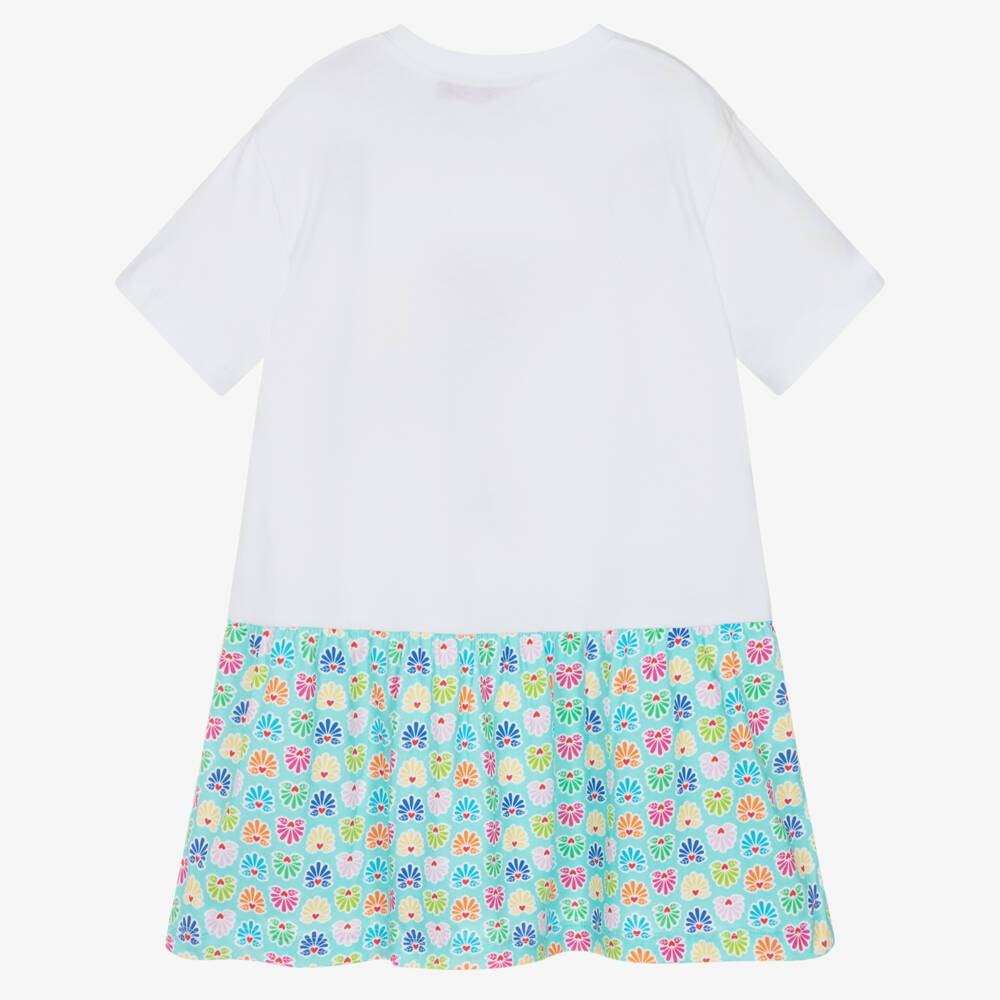 Agatha Ruiz de la Prada-Girls White & Aqua Blue Cotton Dress with Elephant Appliqué | Childrensalon Outlet