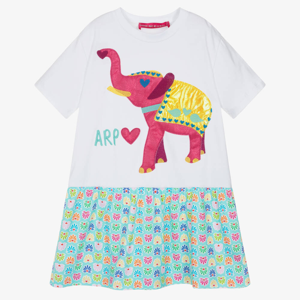 Agatha Ruiz de la Prada-Girls White & Aqua Blue Cotton Dress with Elephant Appliqué | Childrensalon Outlet