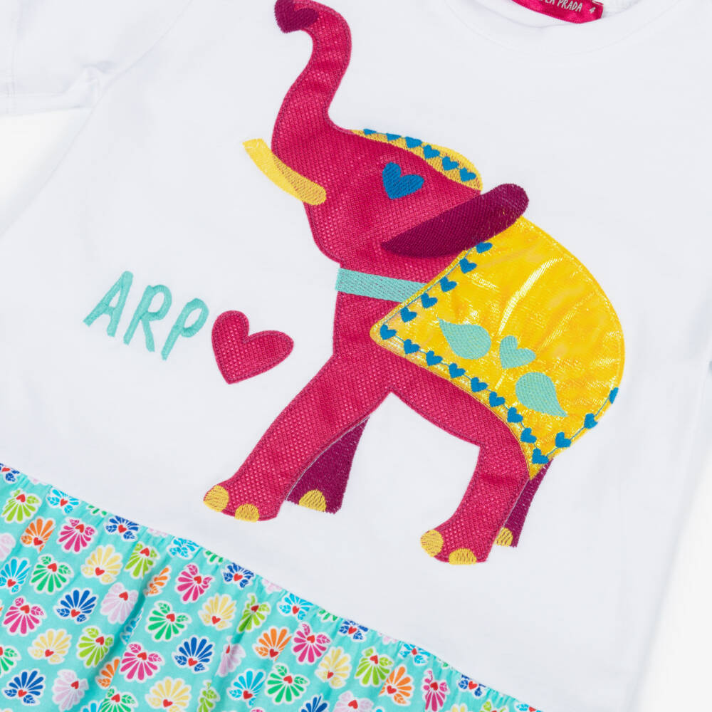 Agatha Ruiz de la Prada-Girls White & Aqua Blue Cotton Dress with Elephant Appliqué | Childrensalon Outlet