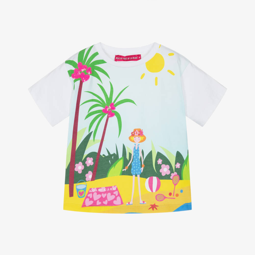 Agatha Ruiz de la Prada-Girls White & Aqua Blue Tropical Beach Print Cotton T-Shirt | Childrensalon Outlet