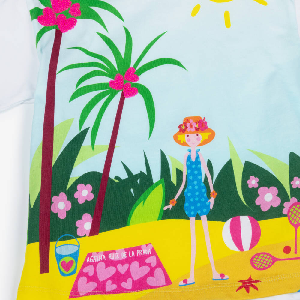 Agatha Ruiz de la Prada-Girls White & Aqua Blue Tropical Beach Print Cotton T-Shirt | Childrensalon Outlet
