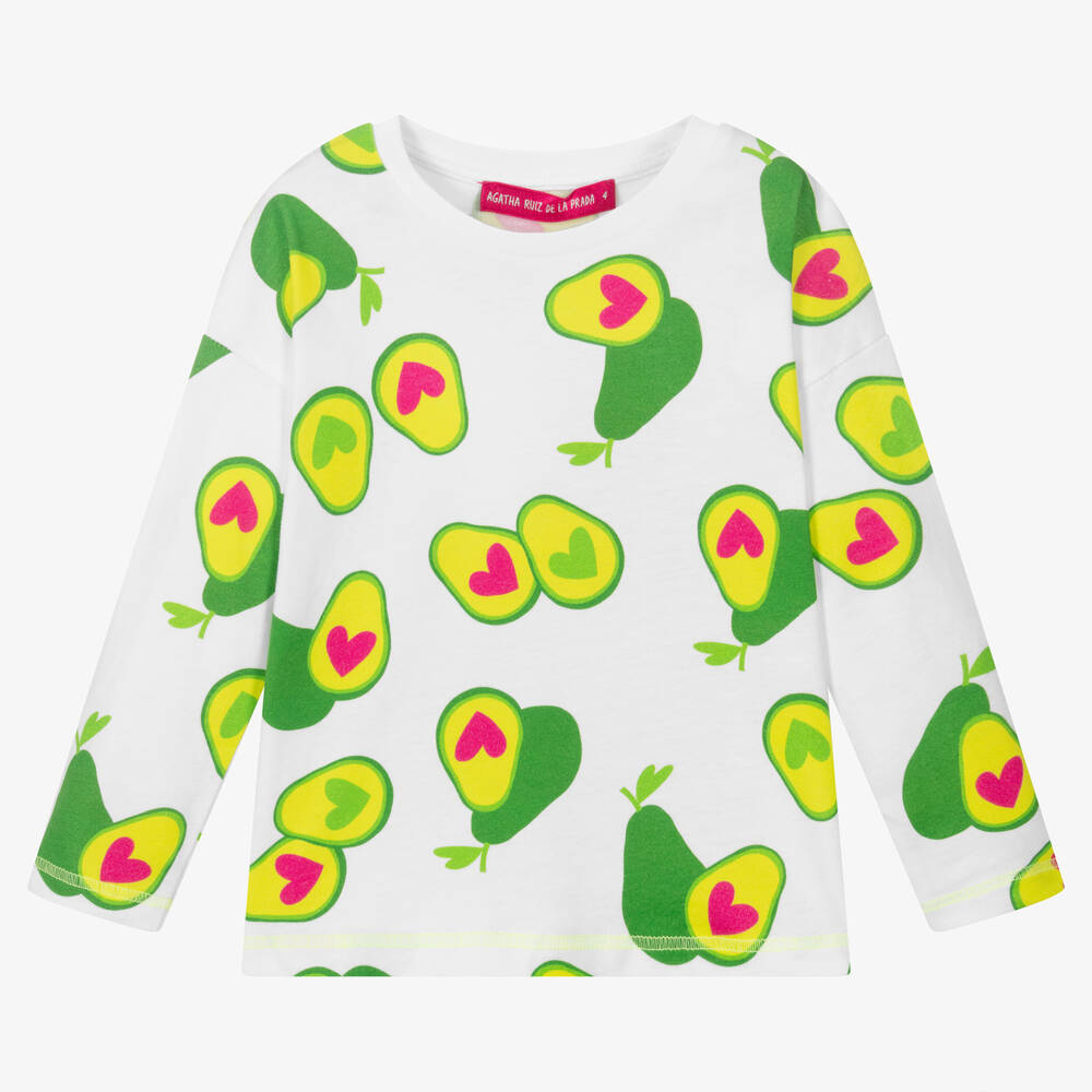 Agatha Ruiz de la Prada - Girls White Avocado Print Cotton Top  | Childrensalon