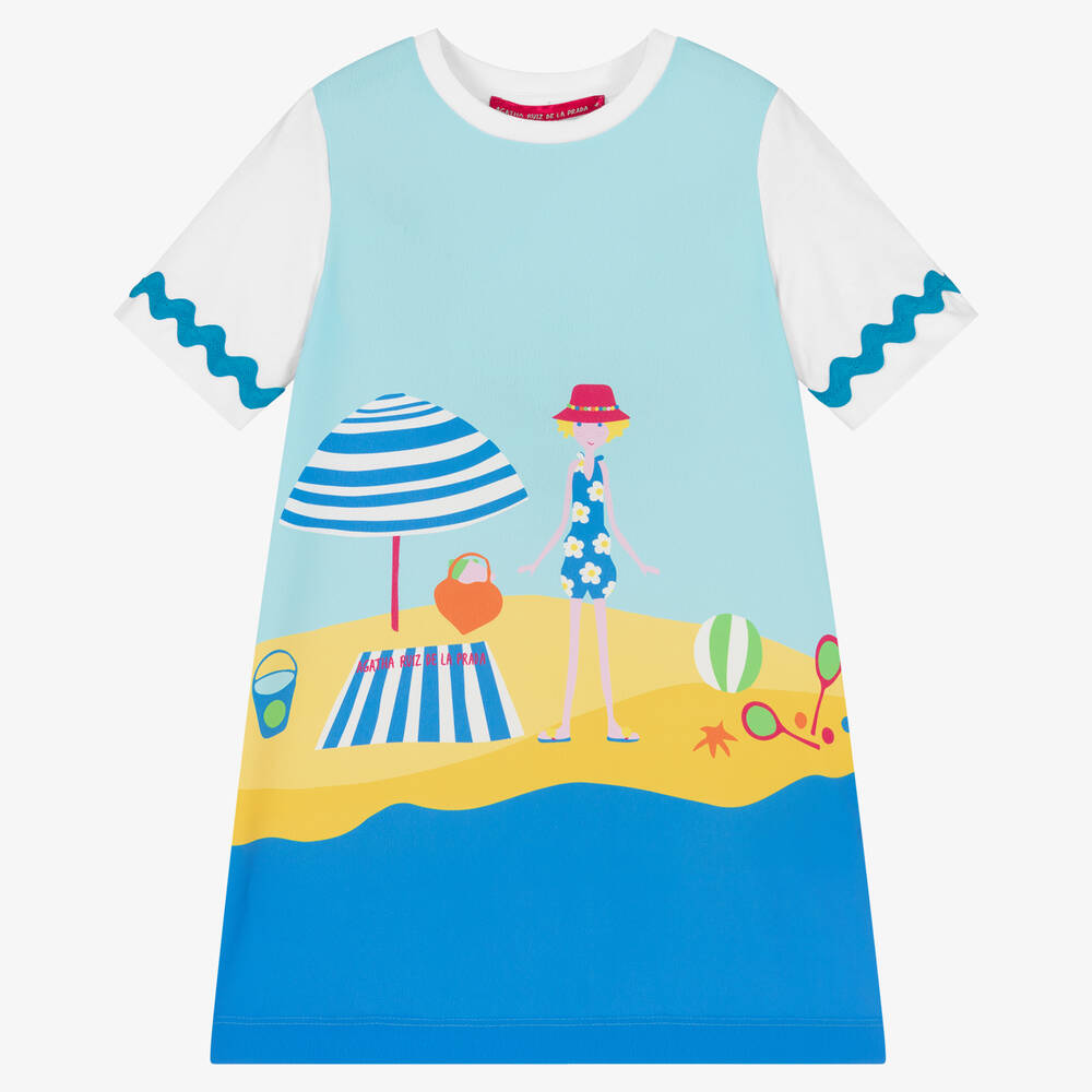 Agatha Ruiz de la Prada - Girls White & Blue Beach Print Dress | Childrensalon