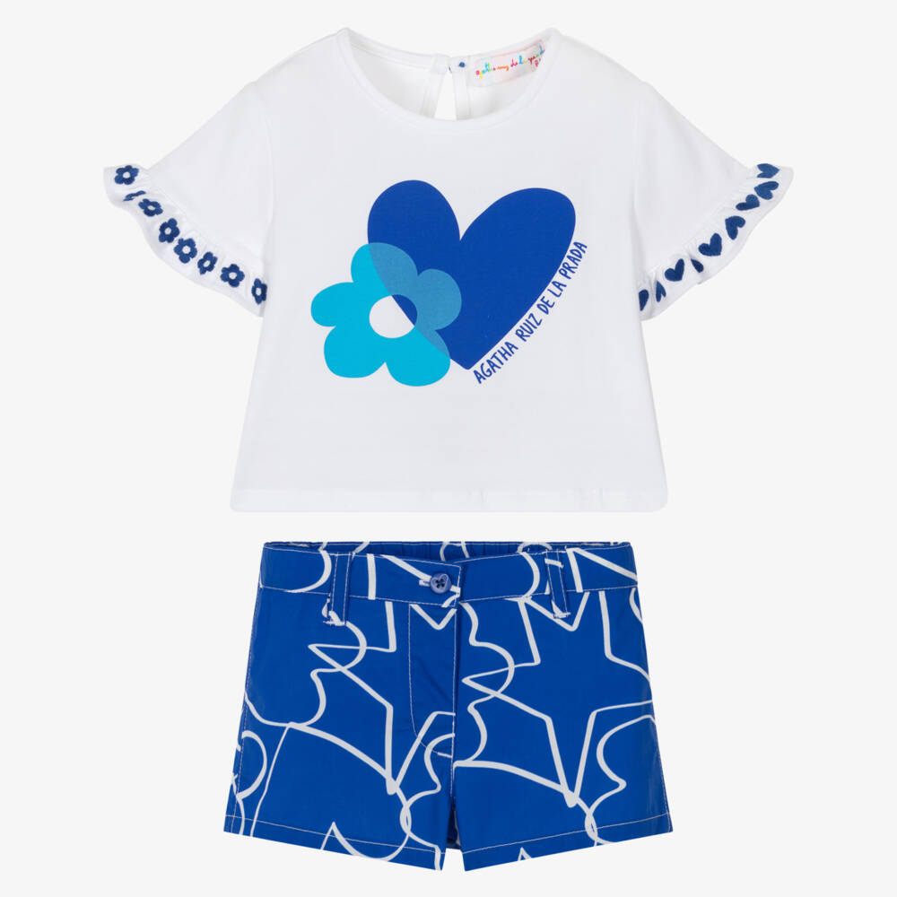 Agatha Ruiz de la Prada-Girls White & Blue Cotton Shorts Set | Childrensalon Outlet