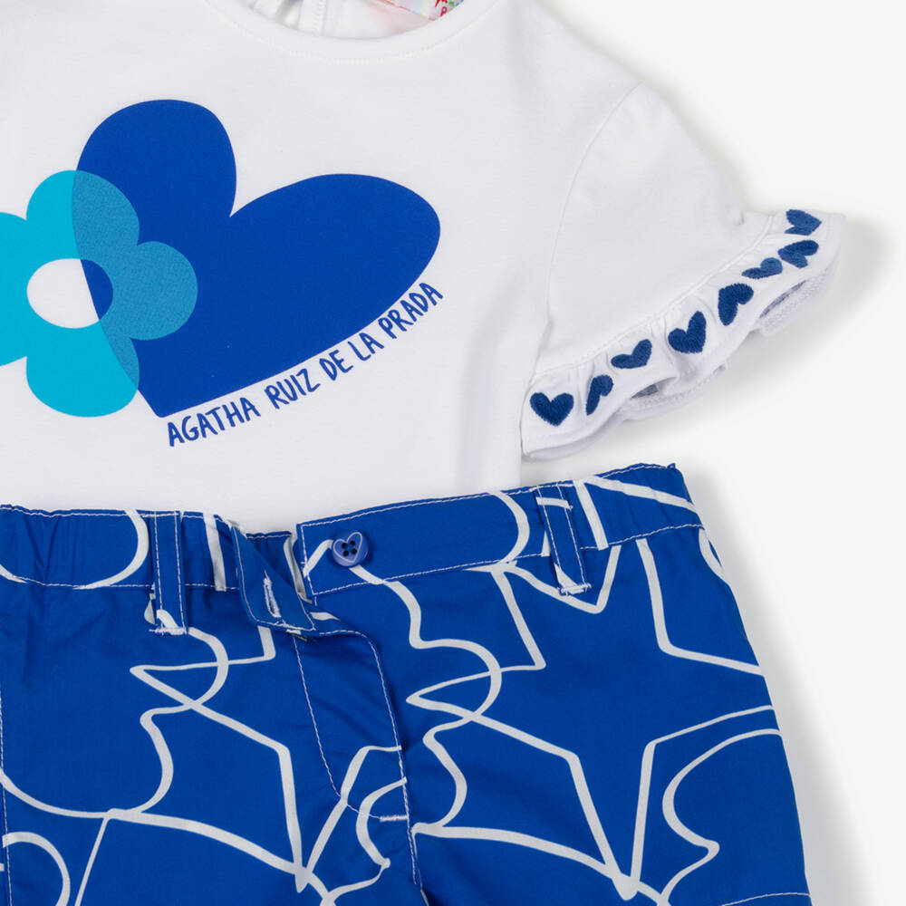 Agatha Ruiz de la Prada-Girls White & Blue Cotton Shorts Set | Childrensalon Outlet