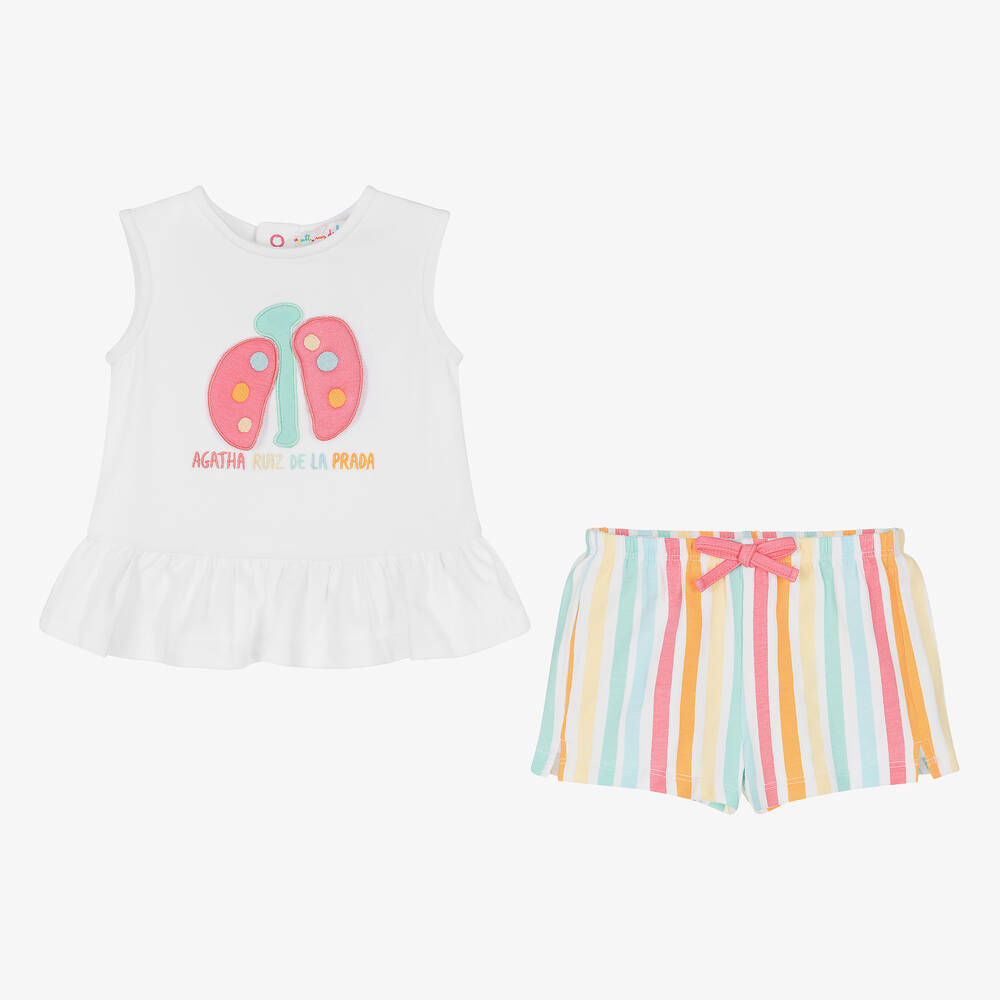 Agatha Ruiz de la Prada-Girls White & Colourful Stripe Shorts Set | Childrensalon Outlet