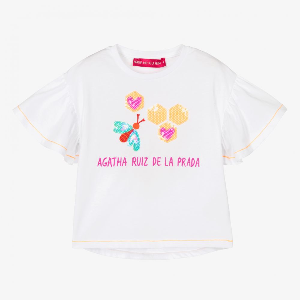 Agatha Ruiz de la Prada - Белая хлопковая футболка с пчелой для девочек | Childrensalon